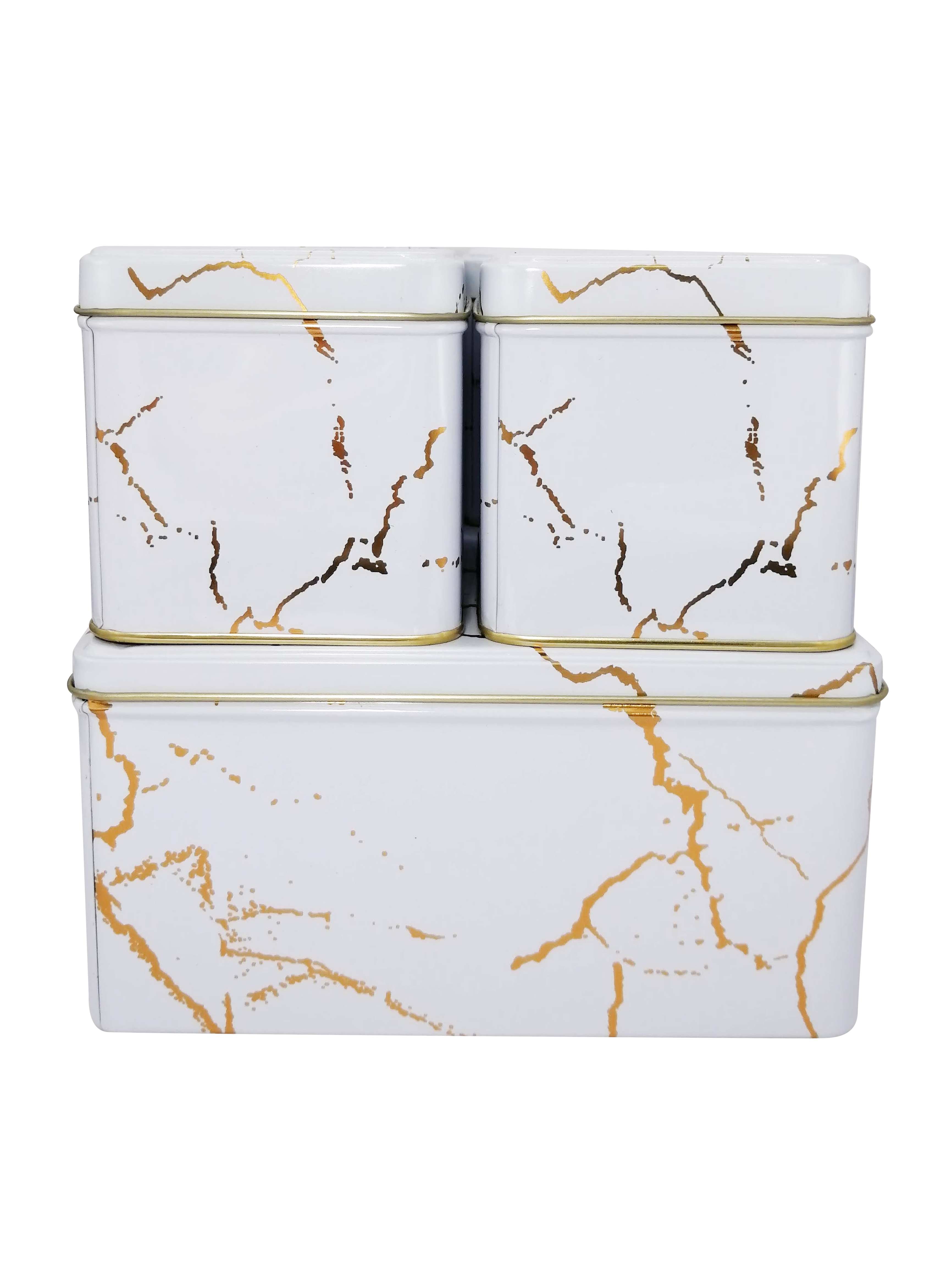 Cajas Metálicas Decorativas Estilo Mármol – Set de Cajas Redondas y Cuadradas en Blanco y Negro