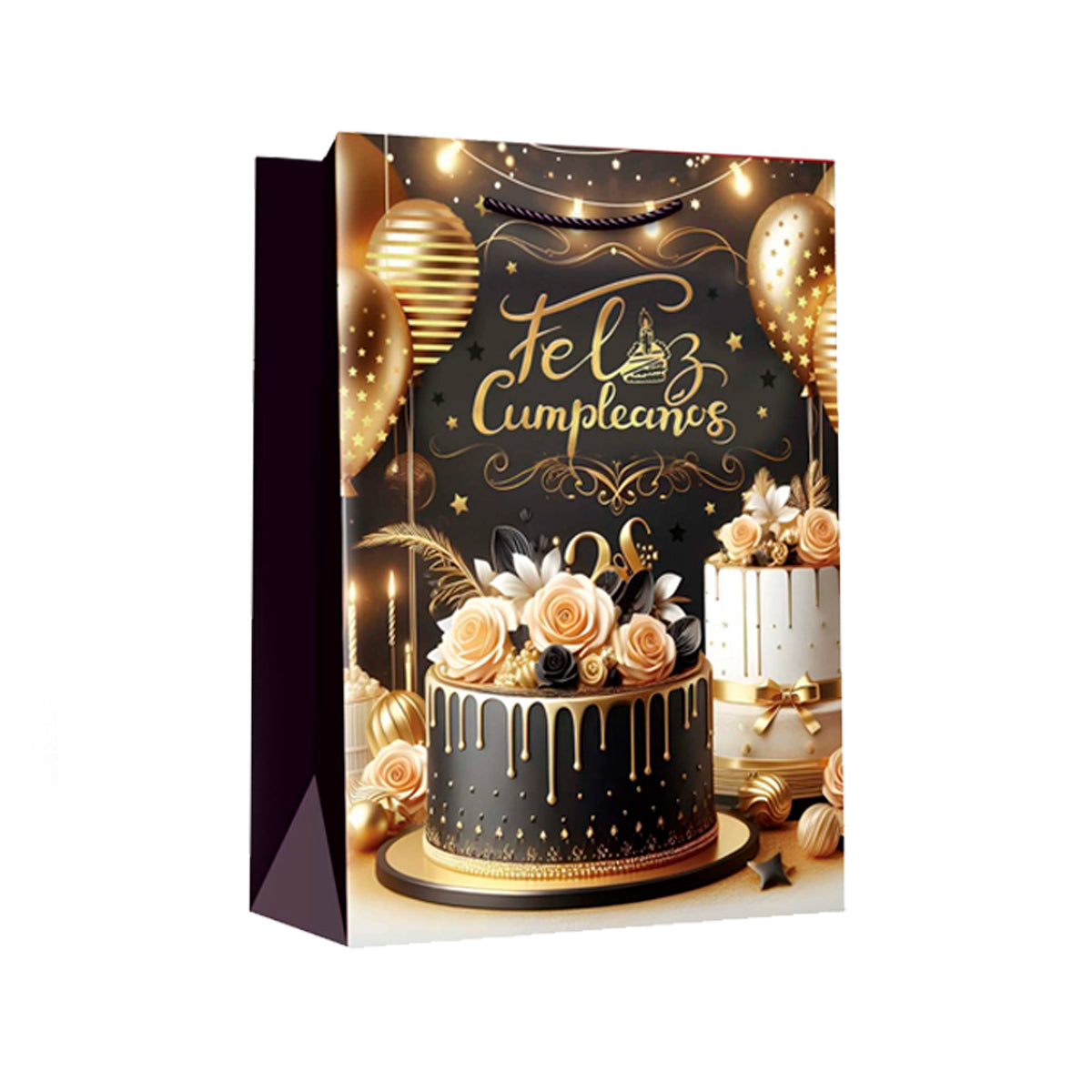 Bolsa para regalo de cumpleaños color negra, diseño pasteles