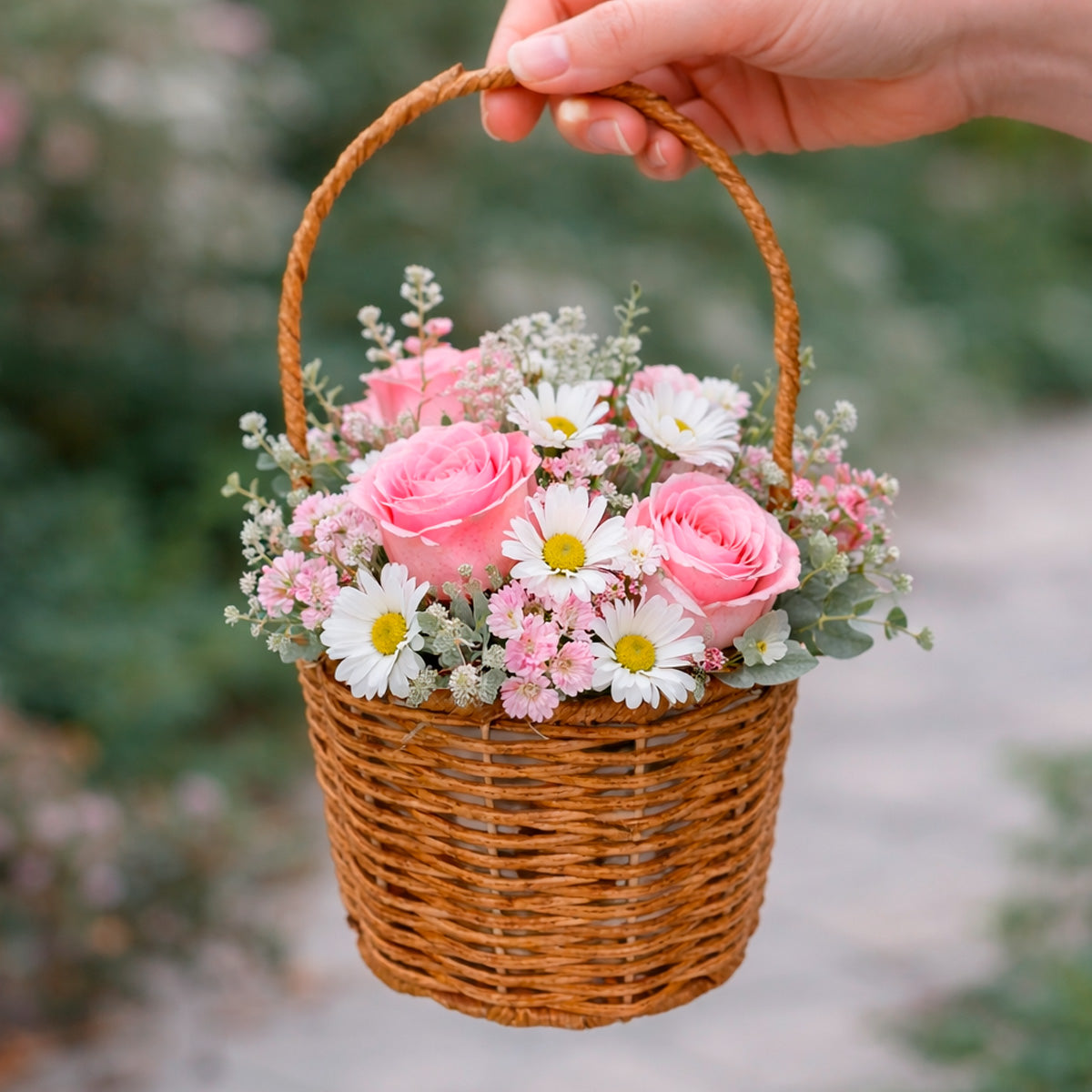 canasta para flores tipo mimbre con flores