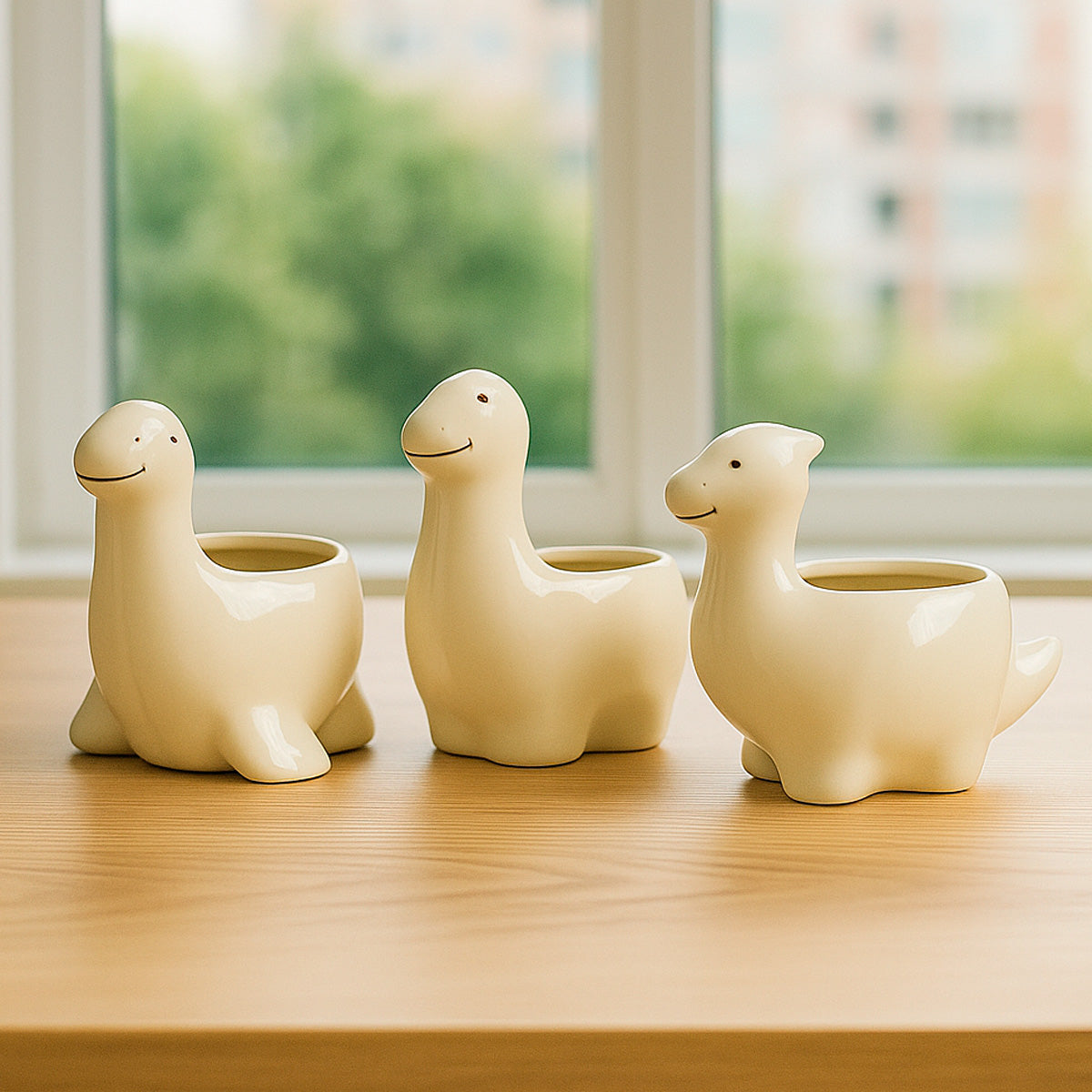 Macetas de dinosaurio blanco Set 3 piezas, cerámica