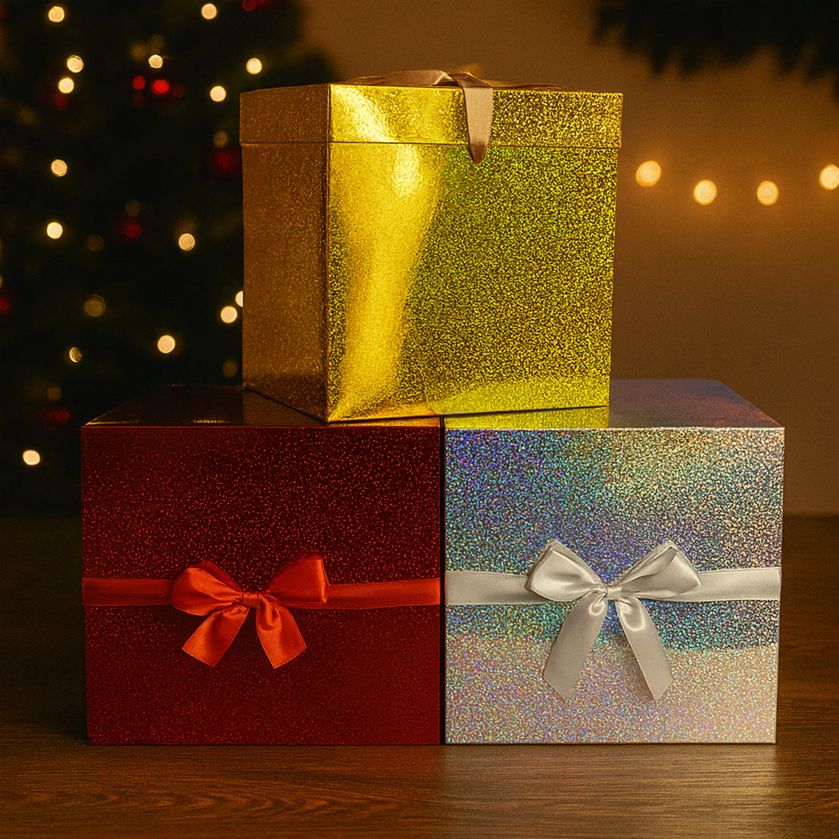 Caja para regalo navideña holográfica con moño 1 Pieza