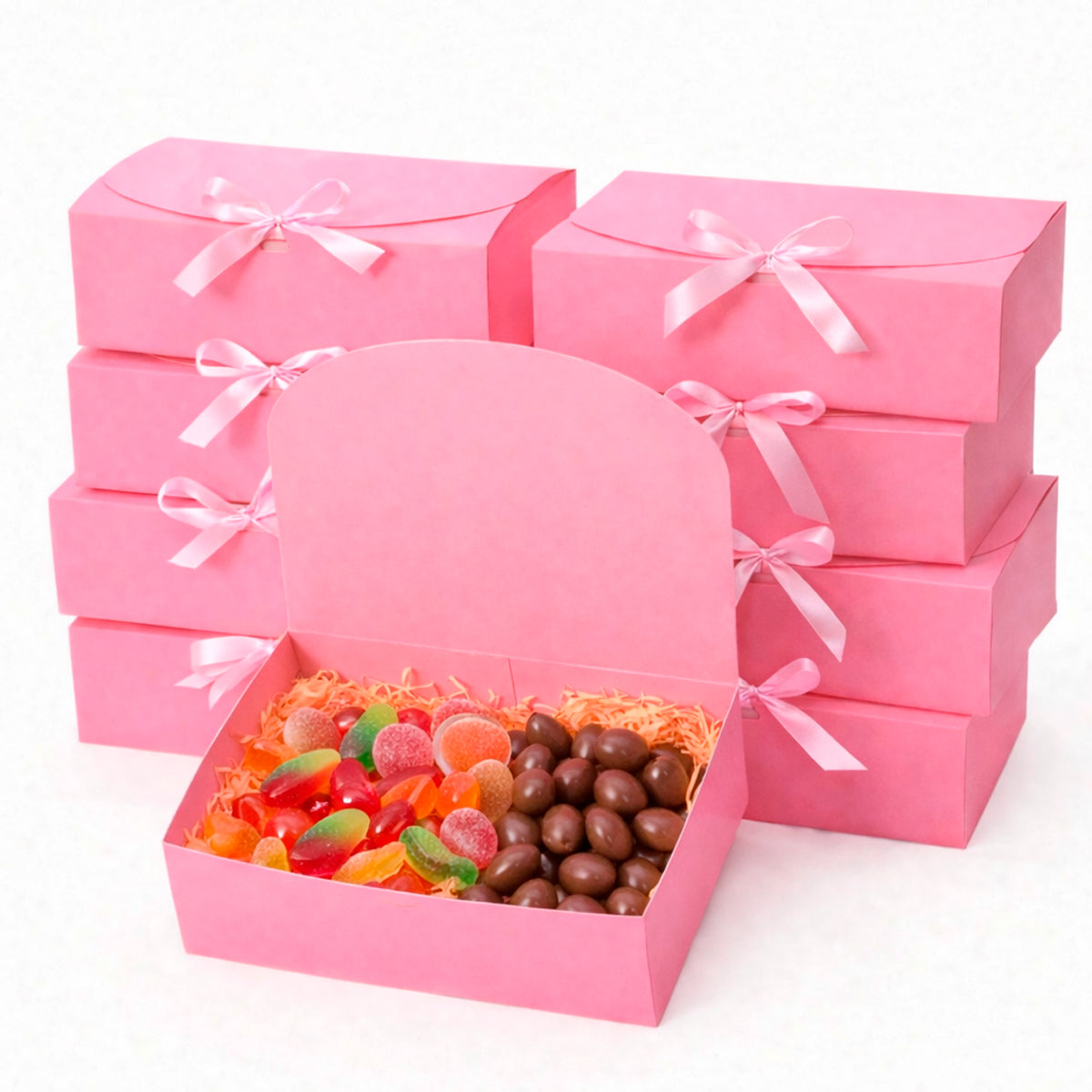 10 caja de cartón rosa con liston para regalo