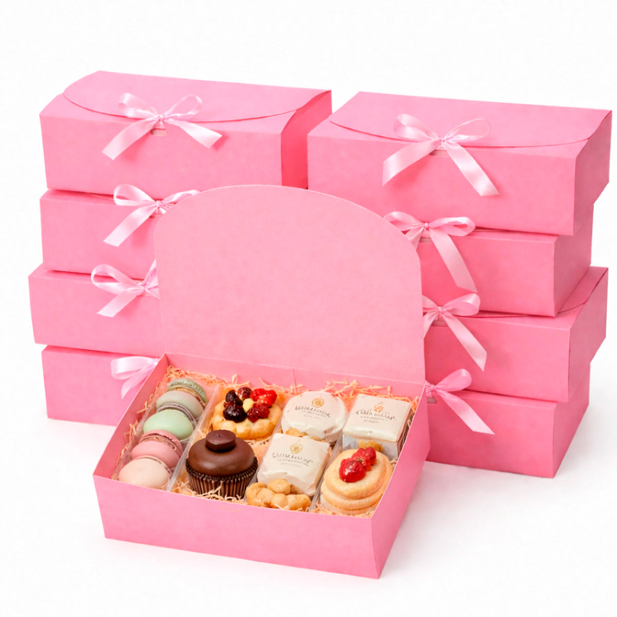 10 caja de cartón rosa con liston para regalo