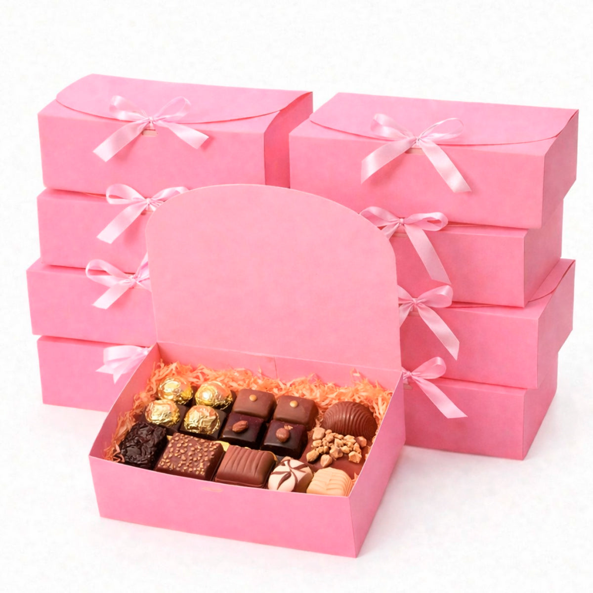 10 caja de cartón rosa con liston para regalo