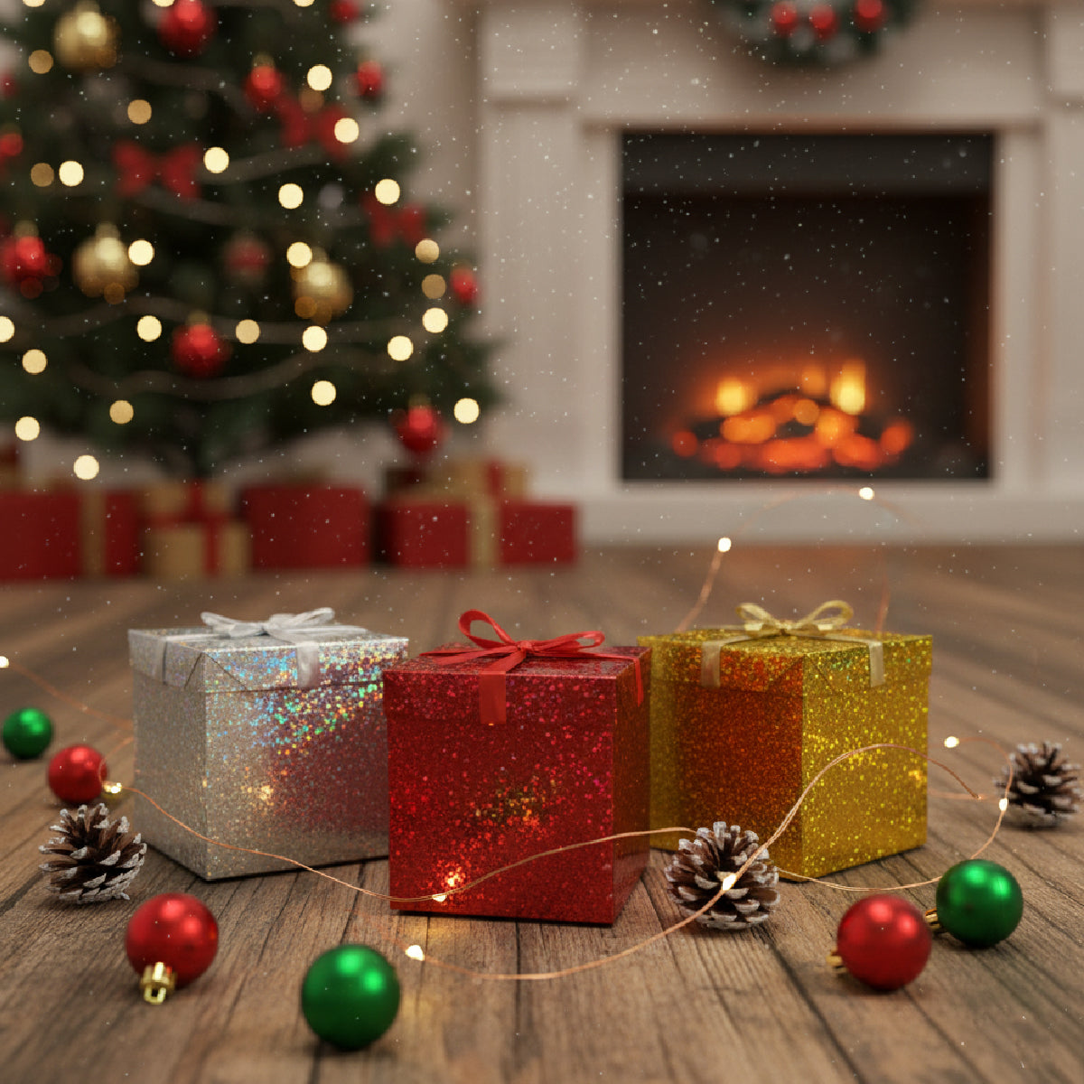 Caja para regalo navideña holográfica con moño 1 Pieza