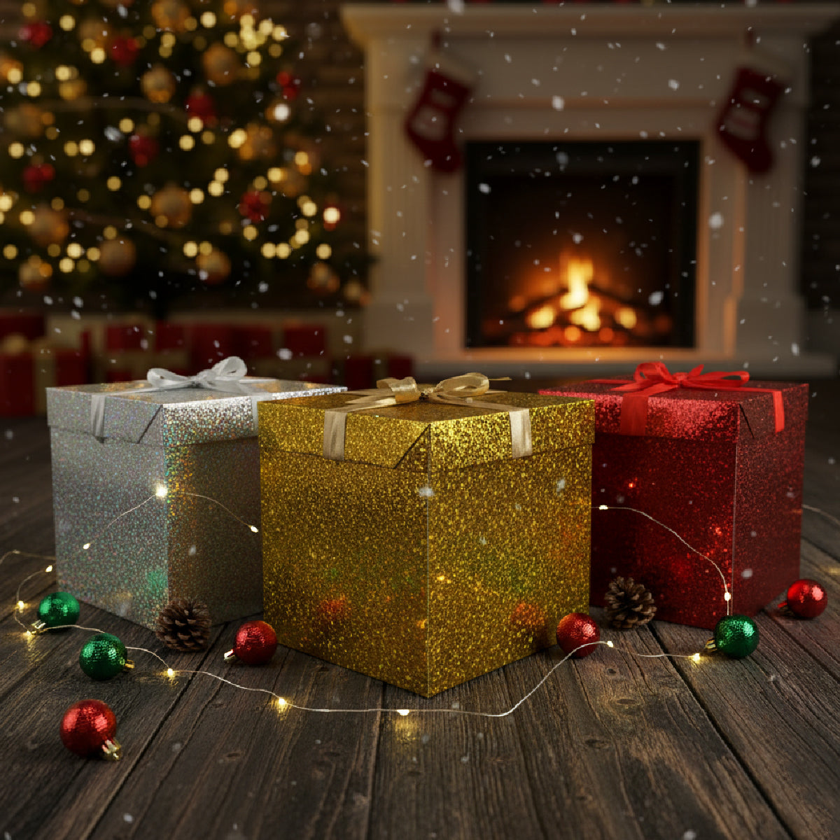 Caja para regalo navideña holográfica con moño 1 Pieza