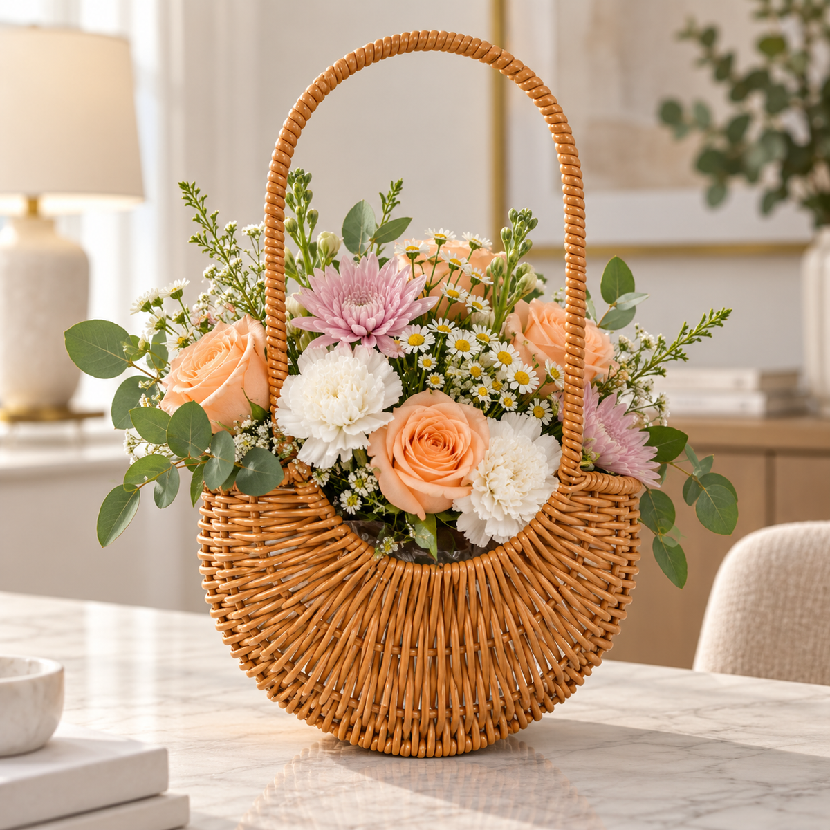 Canasta chica para flores de ratán sintético tipo mimbre con arreglo floral en tonos durazno, rosa y blanco