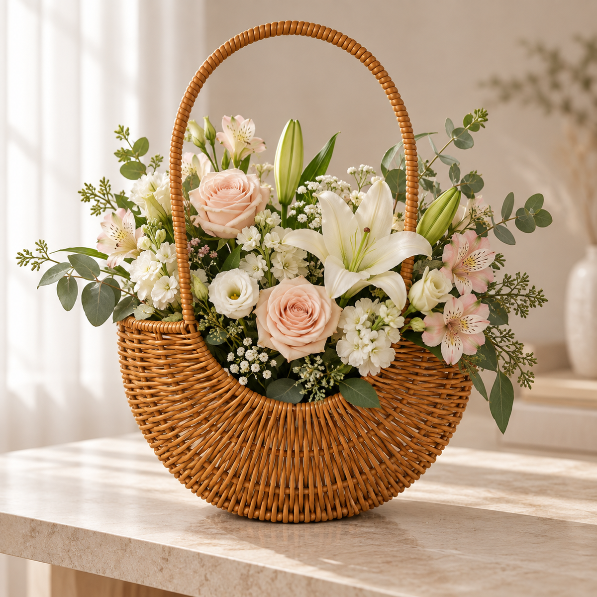 Canasta grande para flores de ratán sintético tipo mimbre con arreglo floral en tonos rosa y blanco