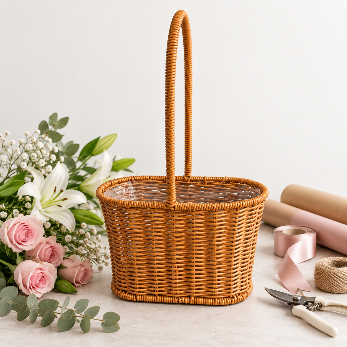 Canasta Floral de Ratán Sintético Café 36 cm