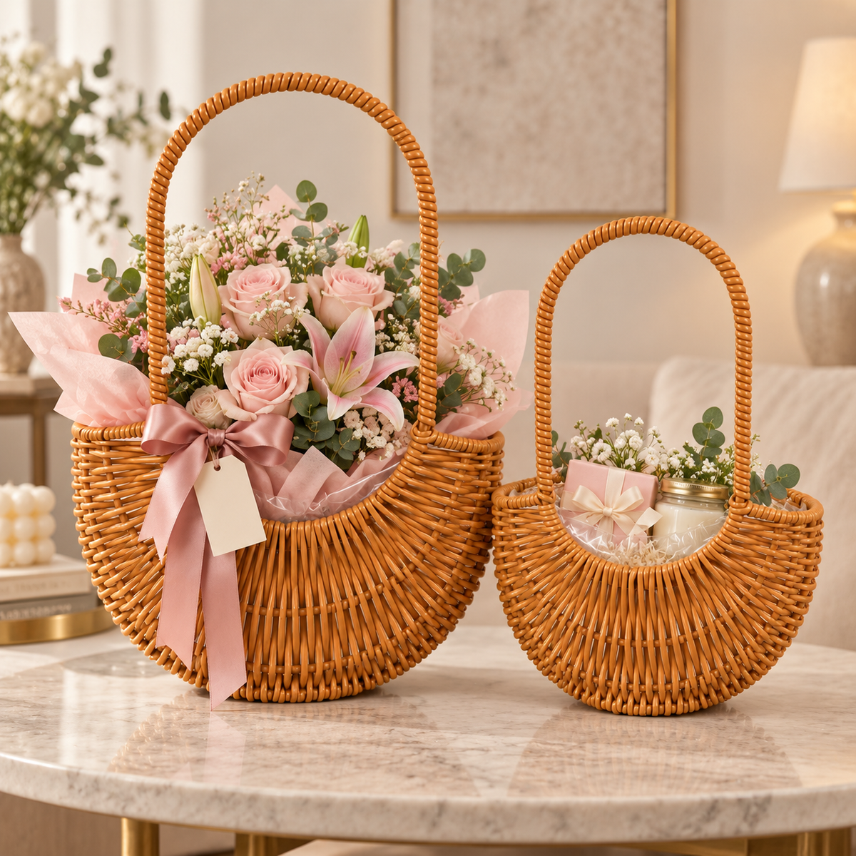 Canastas para regalo de ratán sintético tipo mimbre con flores y elementos decorativos