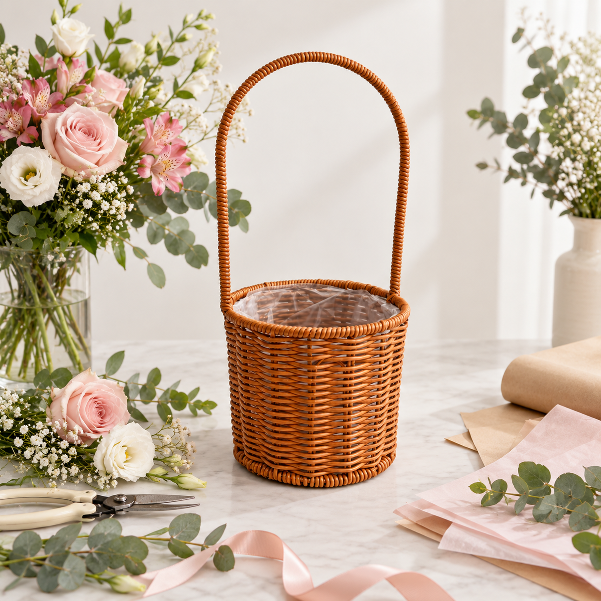 Canasta para Flores de Ratán Sintético Tipo Mimbre