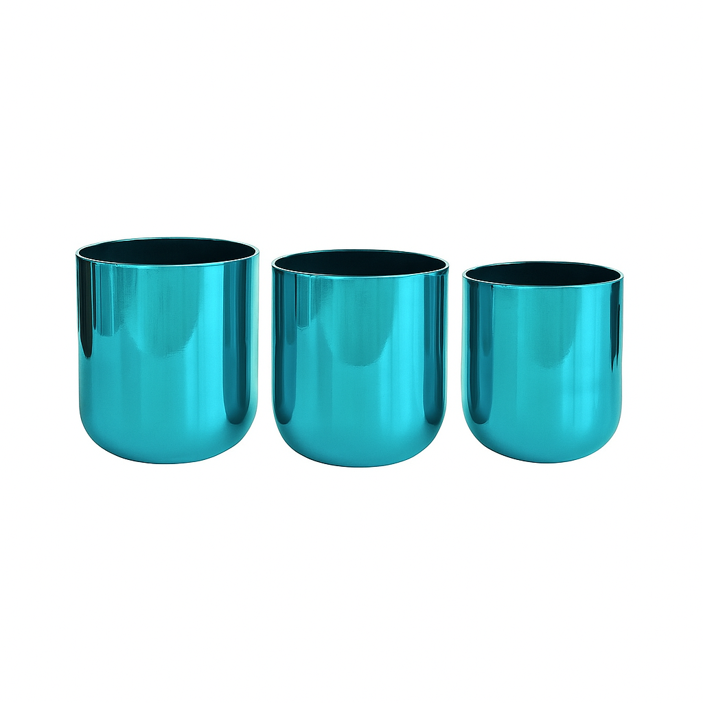 Caja cilíndrica metalizada para flores, set de 3 piezas para arreglos y regalos color azul