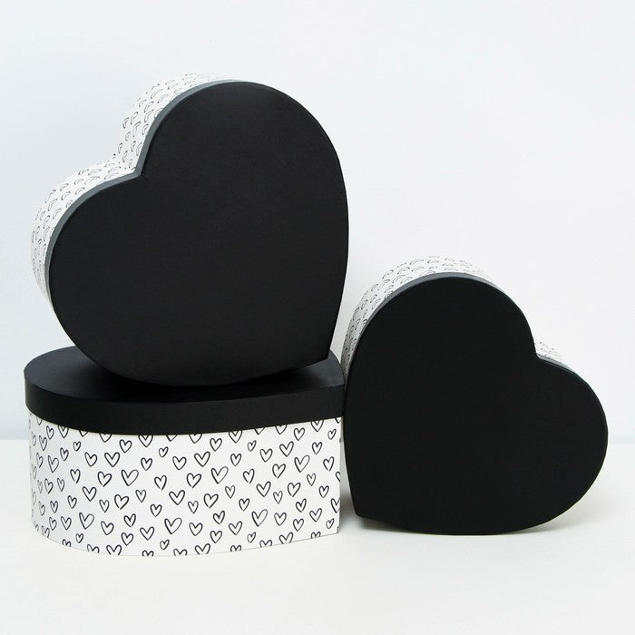 Caja en forma de corazón para flores, set de 3 tamaños color negro