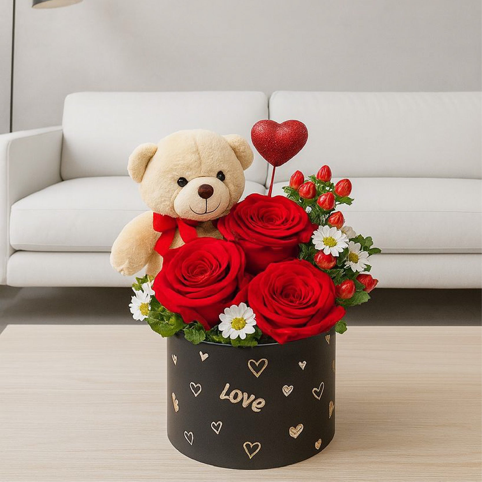 Caja floral love en forma de cilindro, caja de cartón rígido para arreglos florales