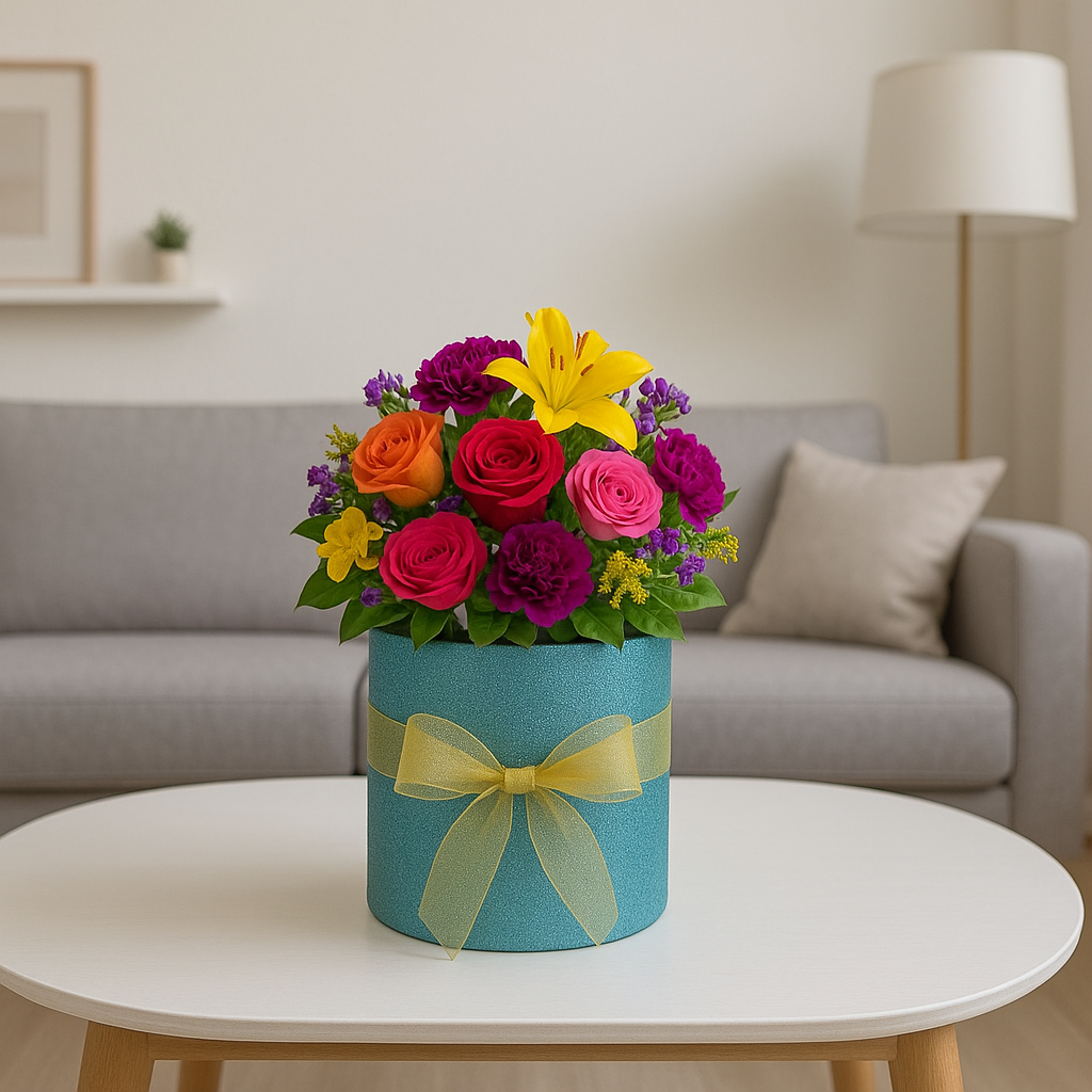 Caja floral con glitter o brillos en forma de cilindro, caja de cartón rígido para arreglos florales