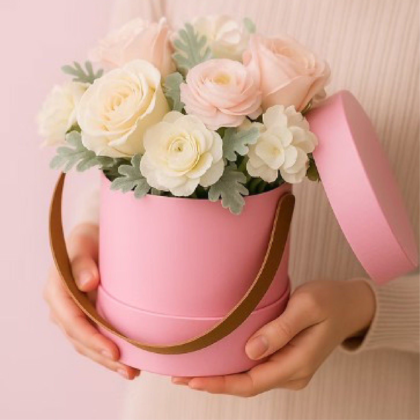 Caja floral en forma de cilindro con asa