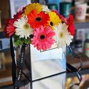 Caja para flores tipo bolsa metalizada efecto espejo, set de 2 piezas tamaño chico 12 x 12 cm