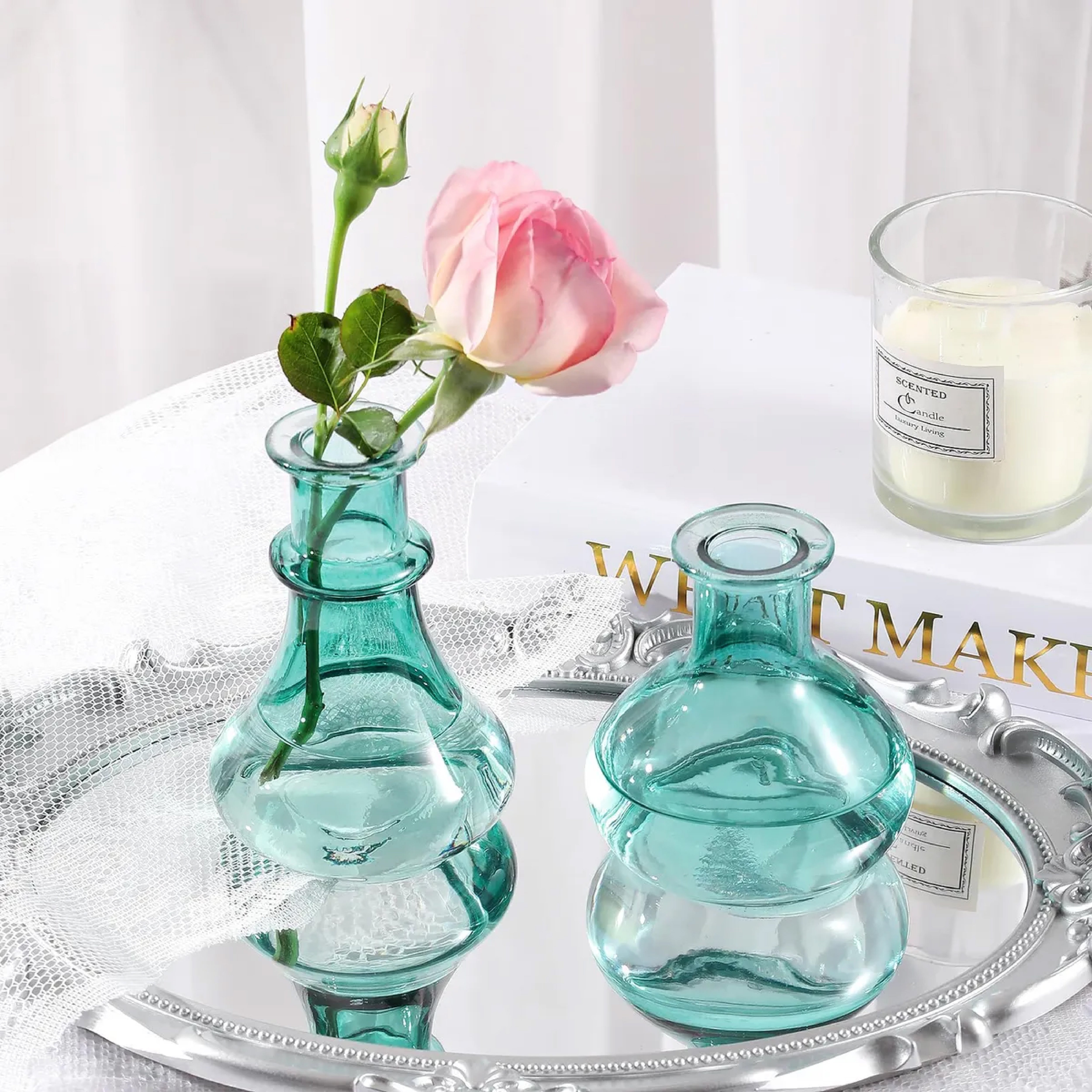 Set de Mini Jarrones de Vidrio Color Aqua – Jarrones Decorativos para Flores y Centros de Mesa