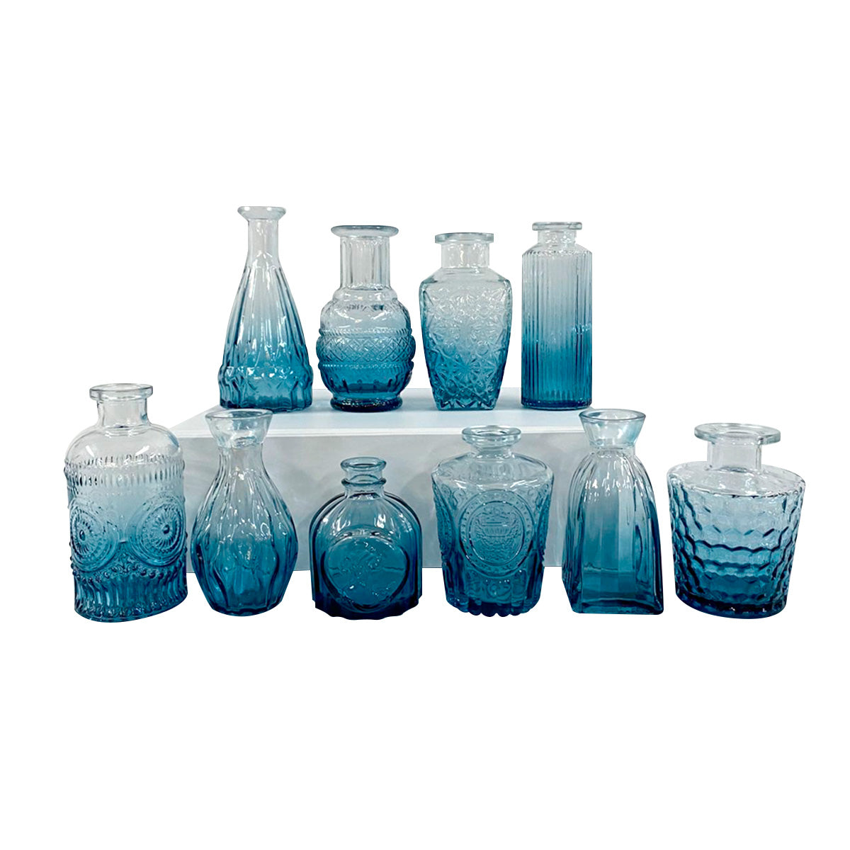 Set de Jarrones de Vidrio Azul Texturizado – Mini Floreros Decorativos para Centros de Mesa