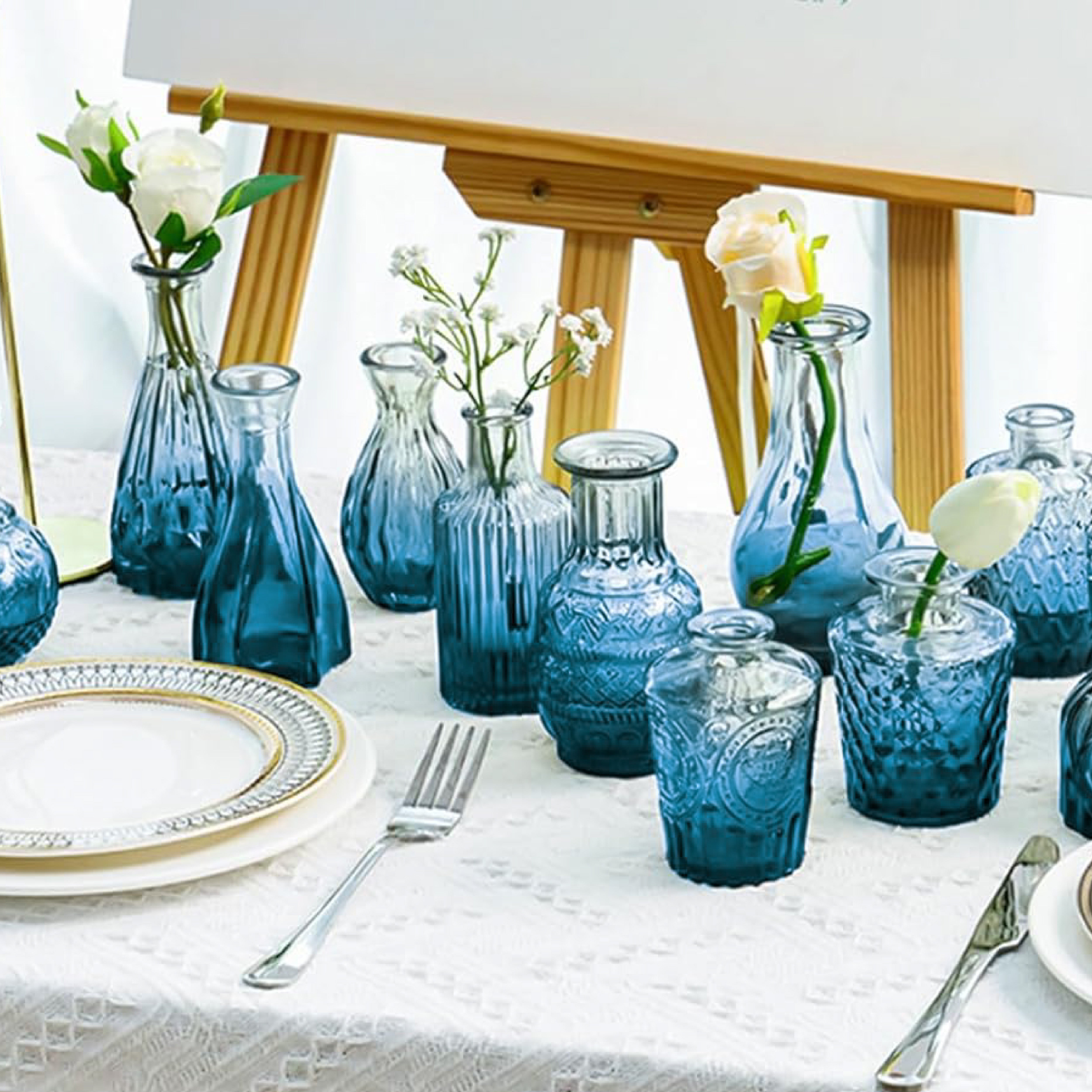Set de Jarrones de Vidrio Azul Texturizado – Mini Floreros Decorativos para Centros de Mesa
