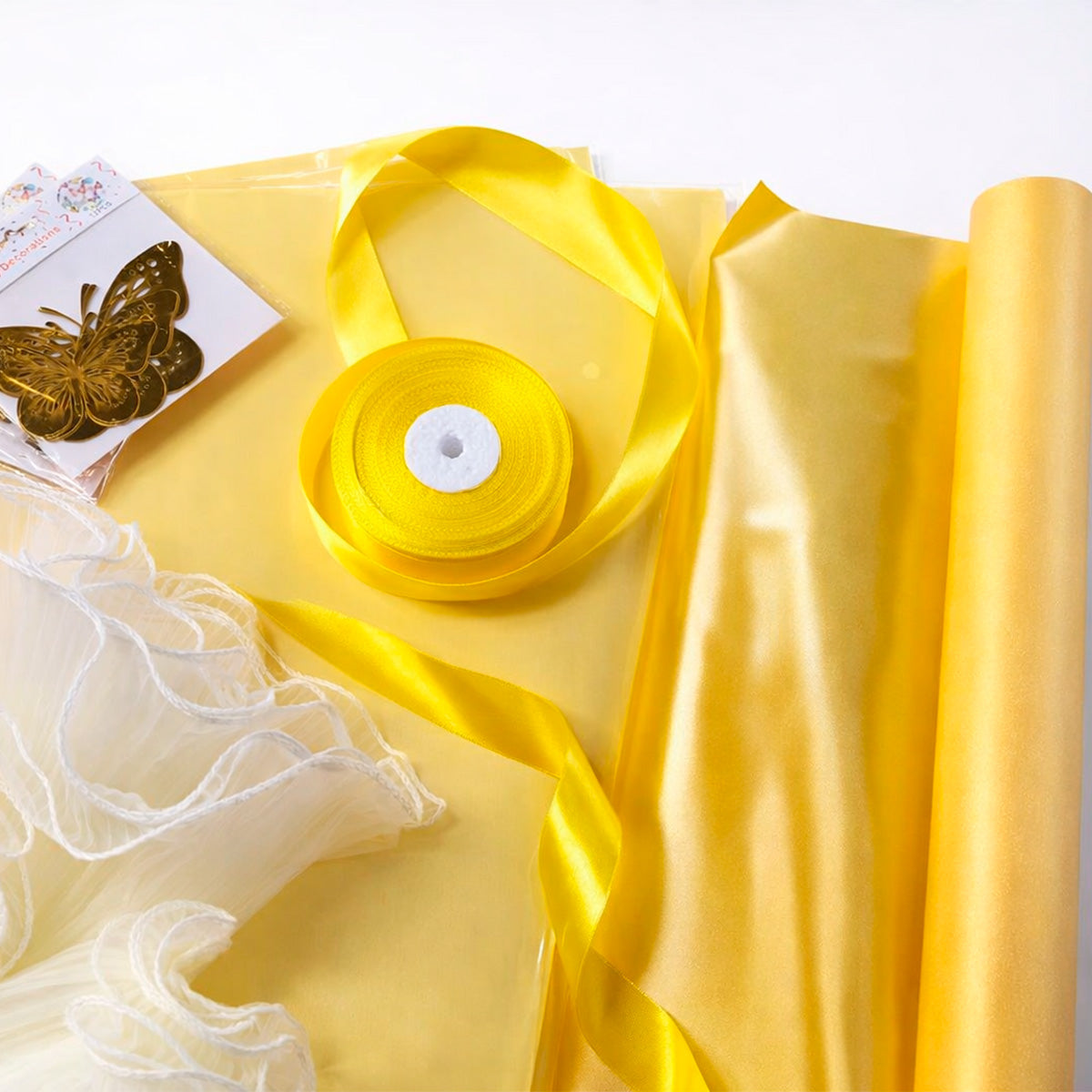 Paquete para flores amarillas papel coreano amarillo, listón amarillo, malla, mariposas  | Papel para ramos