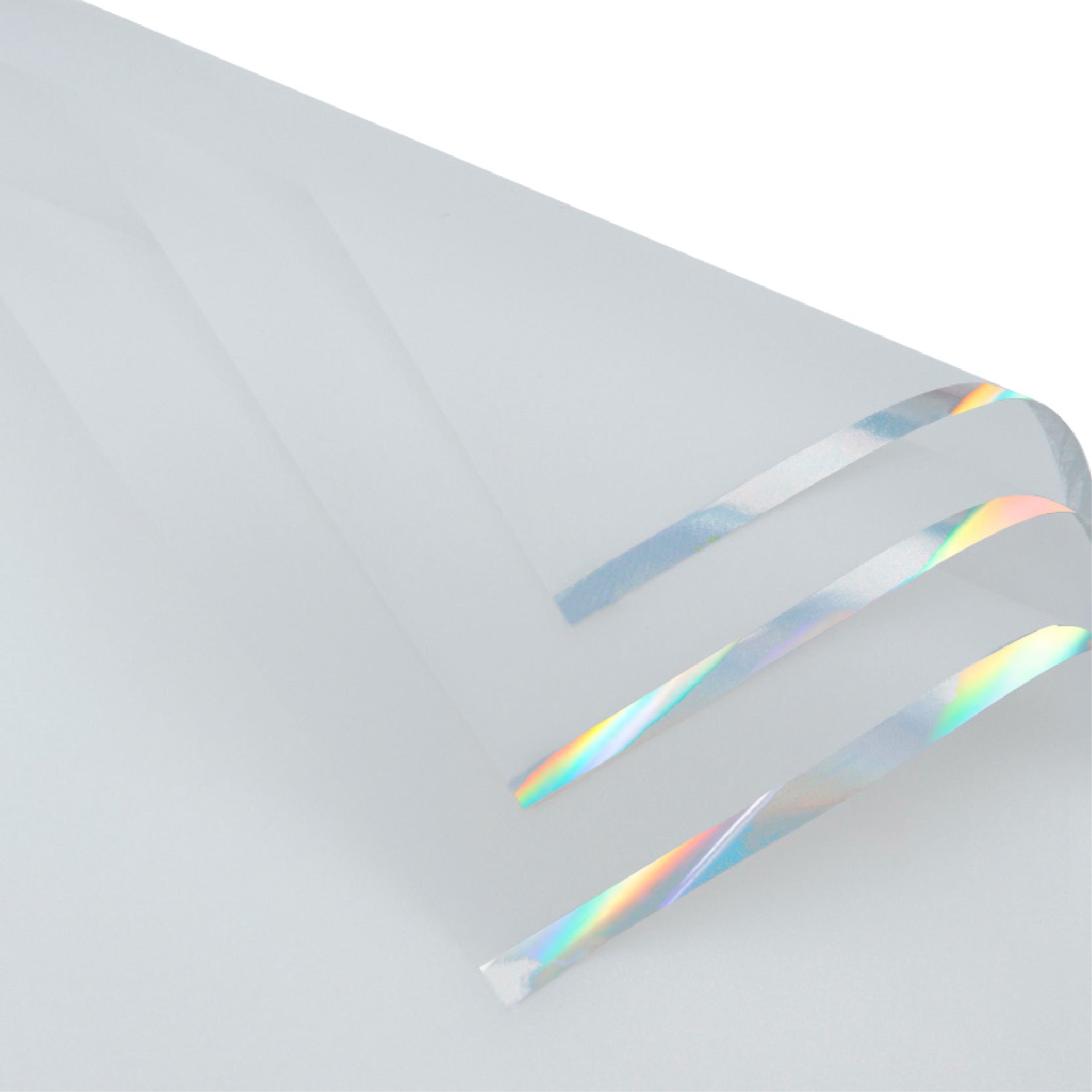 Paquete de 20 pliegos de papel coreano con franjas holográficas. Colores blanco y negro con bordes plateados o dorados. Ideal para envolver flores.