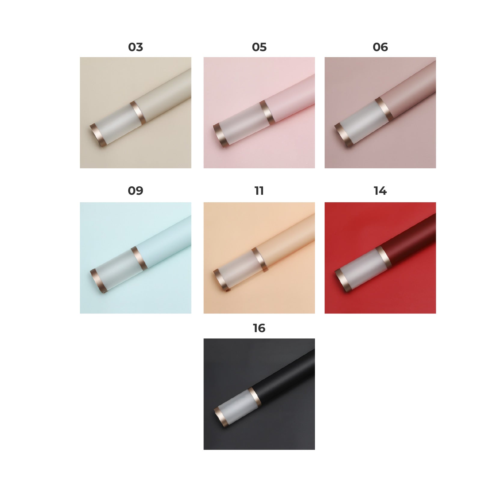 Paquete de 20 pliegos de papel coreano premium con marcos dorados en colores milky tea, rosa, peonia, celeste, durazno, vino y negro. Para ramos y arreglos florales. Material para floristas.