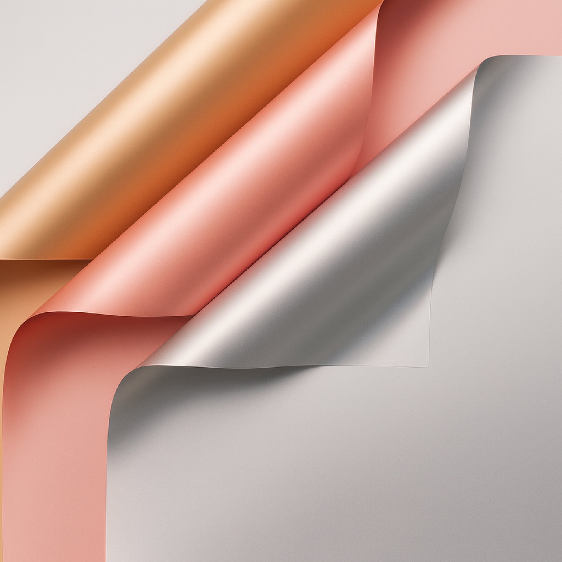 Paquete de 20 pliegos de papel coreano metalizado en colores dorado, oro rosa y plateado. Material brillante para envolver ramos y flores.