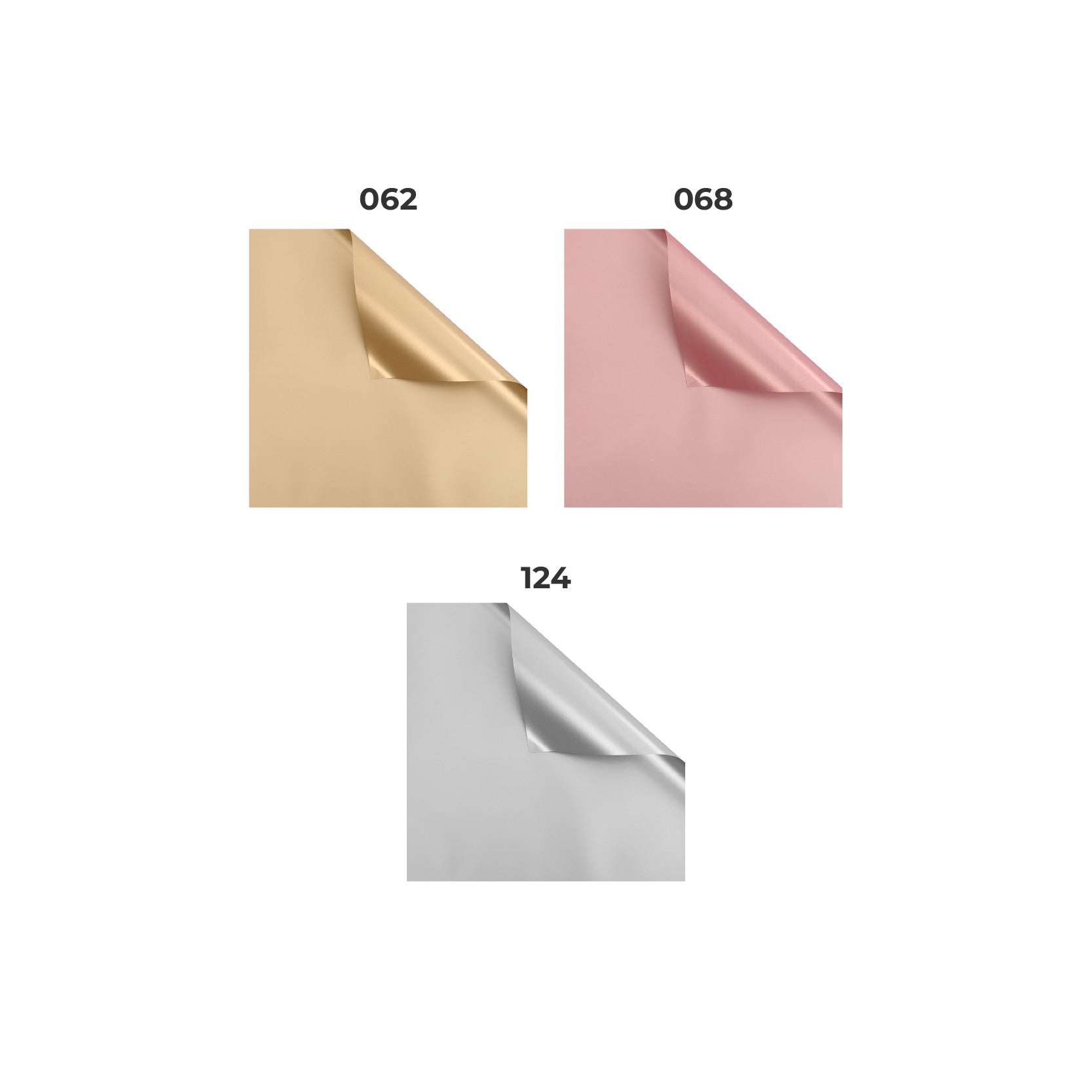 Paquete de 20 pliegos de papel coreano metalizado en colores dorado, oro rosa y plateado. Material brillante para envolver ramos y flores.