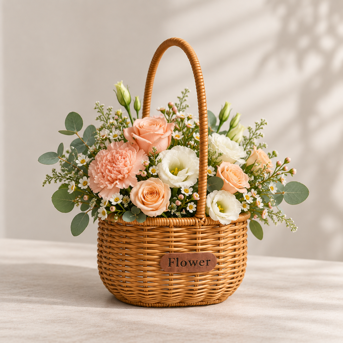 Canasta chica de ratán sintético café con arreglo floral en tonos durazno, blanco y verde