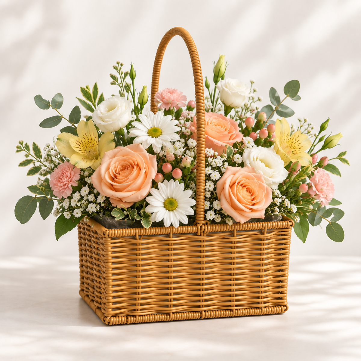 Canasta chica de ratán sintético tipo mimbre con arreglo floral en tonos durazno, blanco y amarillo