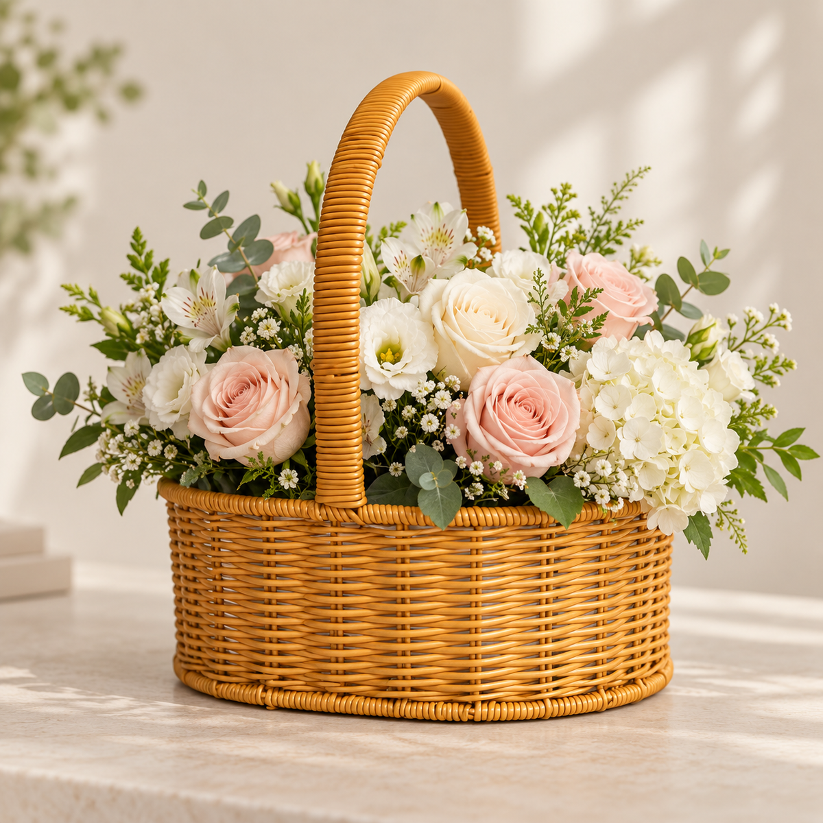 Canasta floral grande de ratán sintético tipo mimbre con arreglo de rosas, flores blancas y follaje
