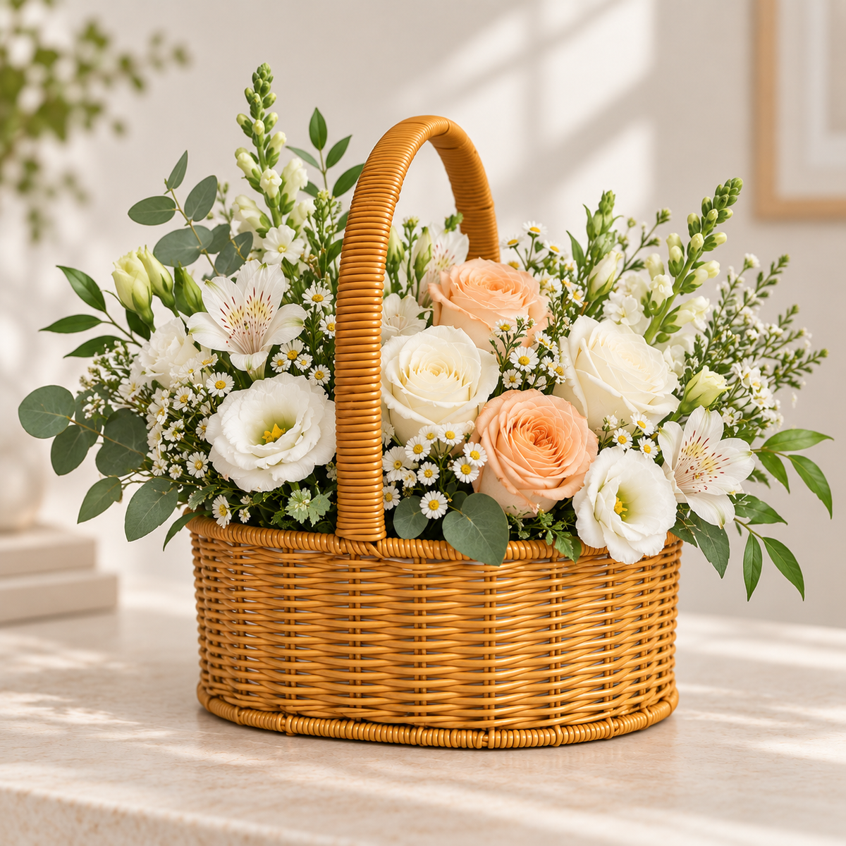 Canasta floral mediana de ratán sintético tipo mimbre con arreglo de flores blancas, durazno y follaje