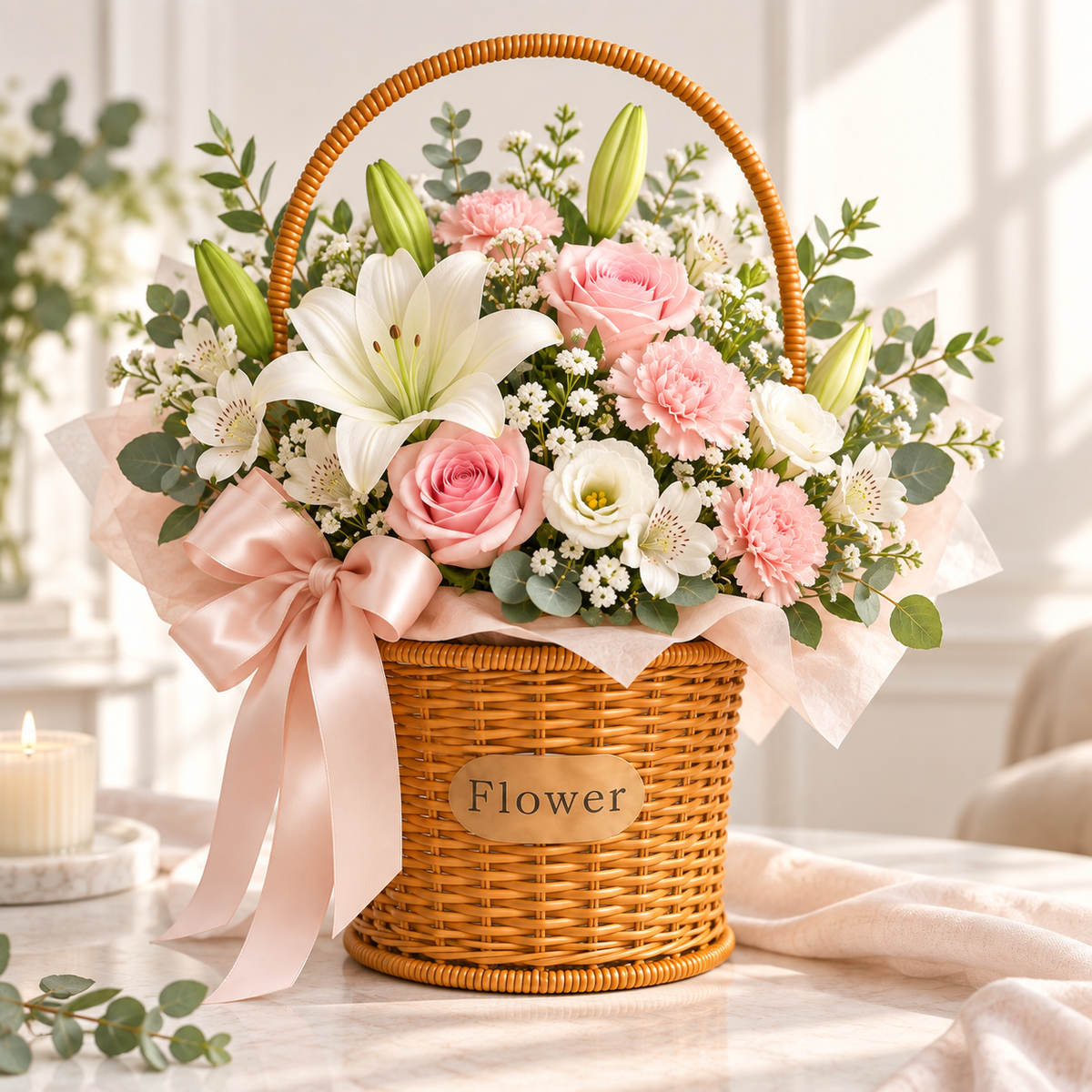 Canasta floral de ratán sintético tipo mimbre decorada con flores y moño para regalo