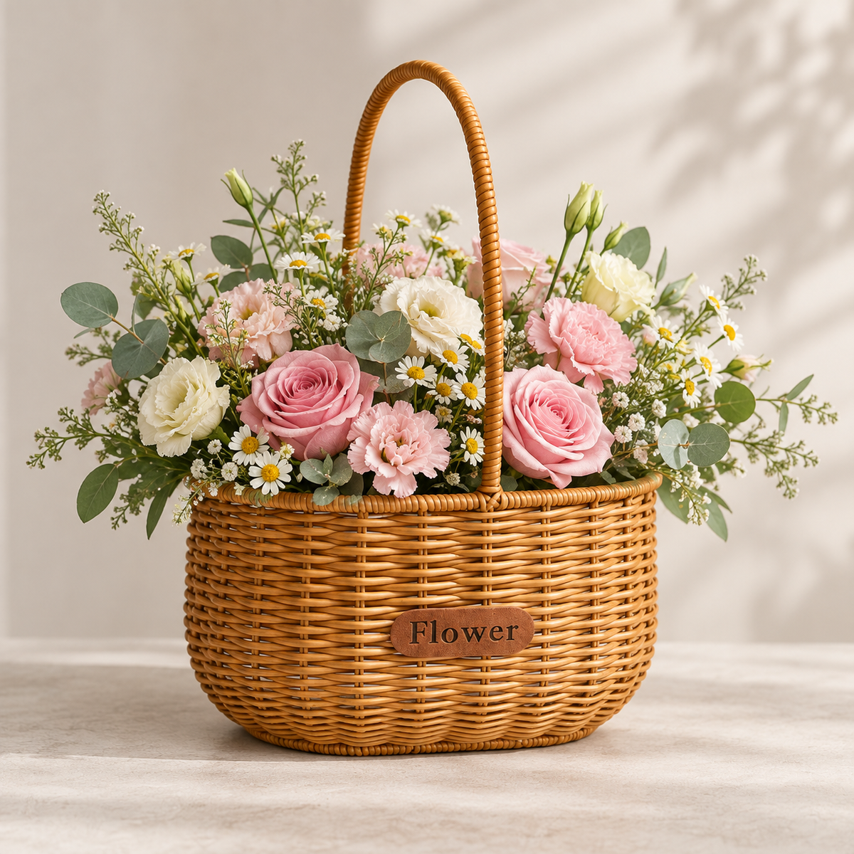 Canasta grande de ratán sintético café con arreglo floral en tonos rosa, blanco y verde
