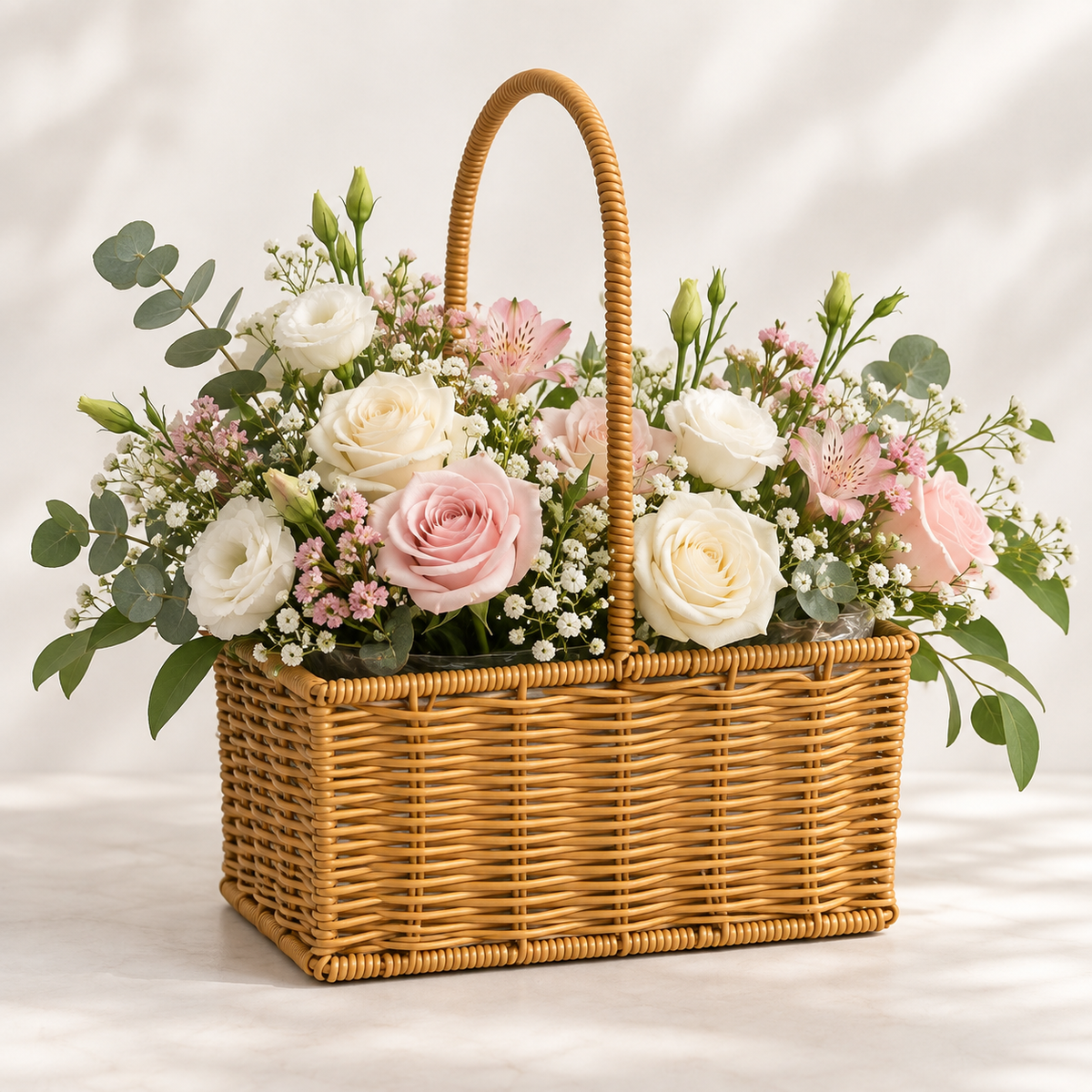 Canasta grande de ratán sintético tipo mimbre con arreglo floral en tonos blanco y rosa