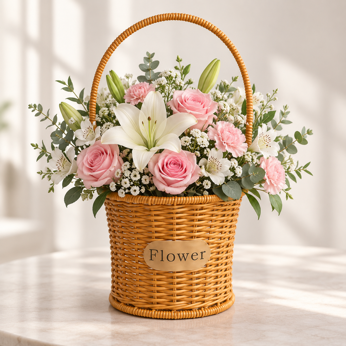 Canasta grande de ratán sintético tipo mimbre con arreglo floral en tonos rosa y blanco