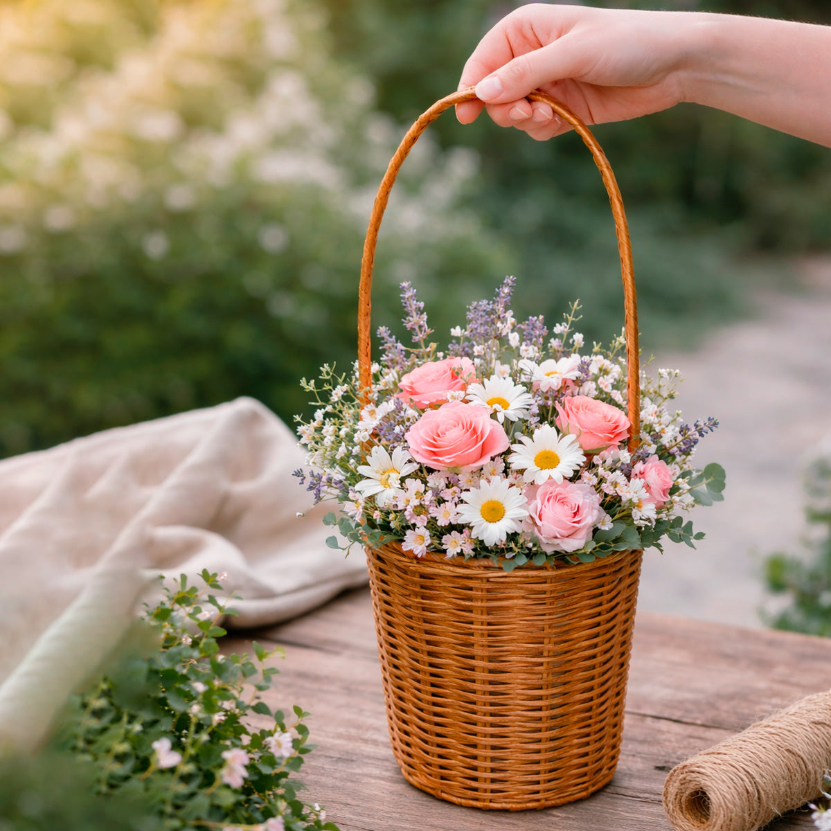 canasta tipo mimbre para flores