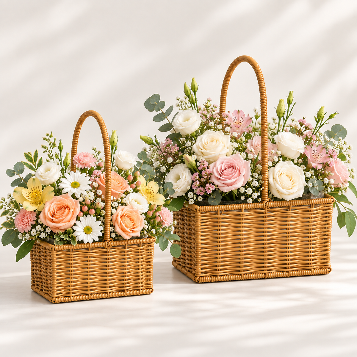 Juego de 2 canastas para arreglos florales de ratán sintético tipo mimbre decoradas con flores