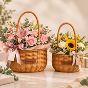 Canastas florales de ratán sintético tipo mimbre con arreglos de flores para regalo