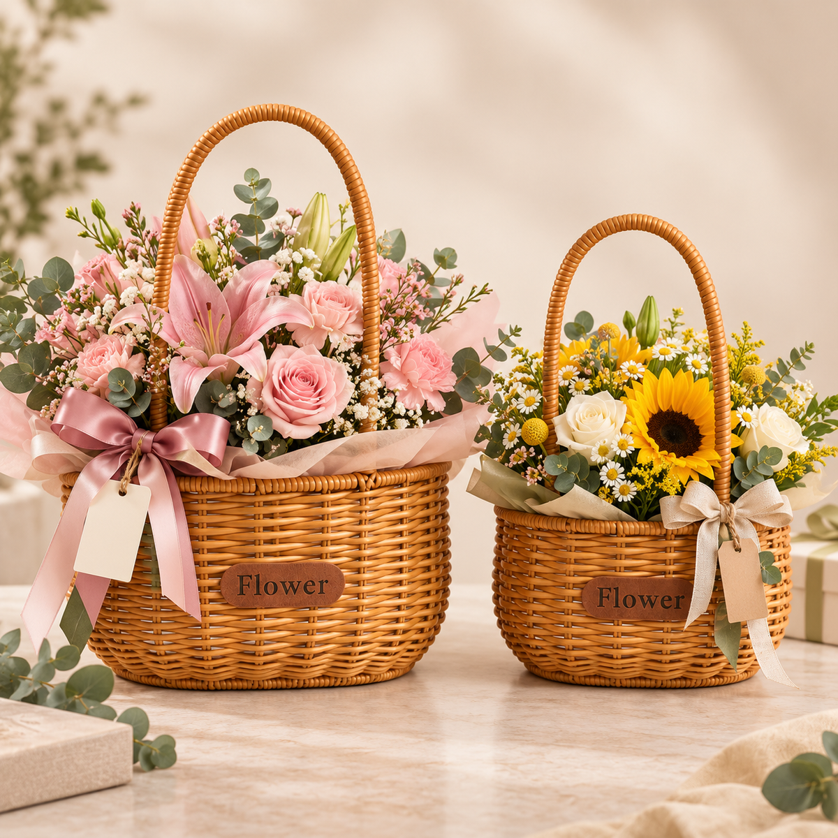 Canastas florales de ratán sintético tipo mimbre con arreglos de flores para regalo