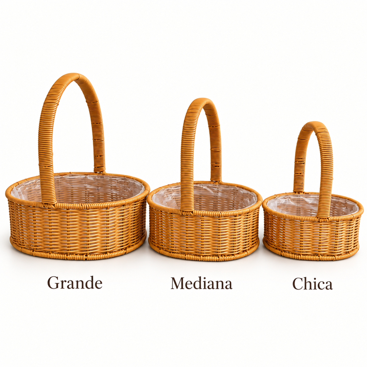 Set de 3 canastas florales de ratán sintético tipo mimbre en tamaños grande, mediano y chico