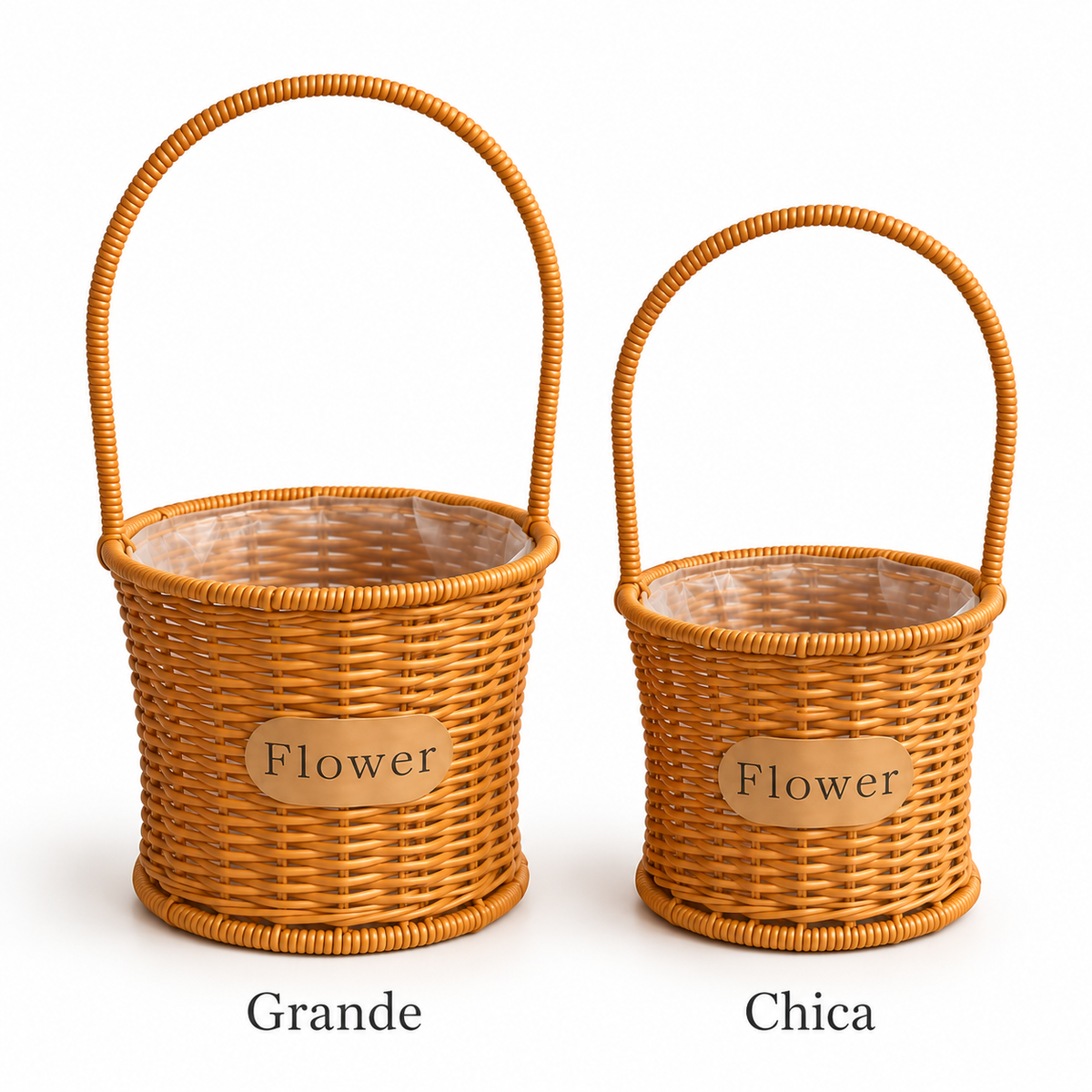 Comparación de tamaños de canastas florales de ratán sintético tipo mimbre, grande y chica