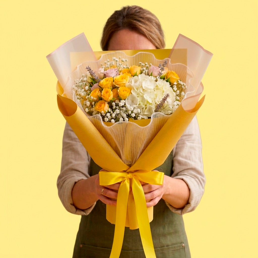 Paquete para flores amarillas papel coreano amarillo, listón amarillo, malla, mariposas  | Papel para ramos