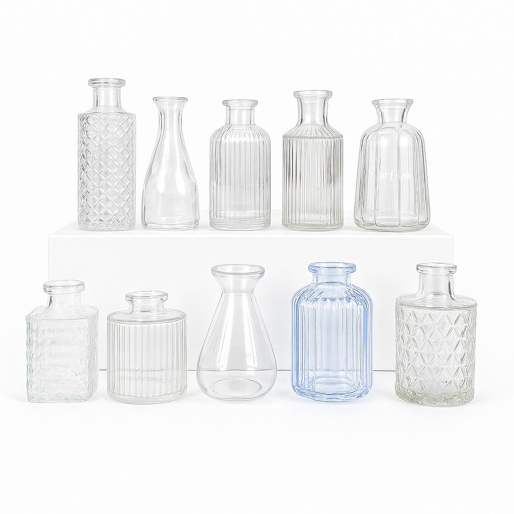 Juego de 10 jarrones de vidrio transparente