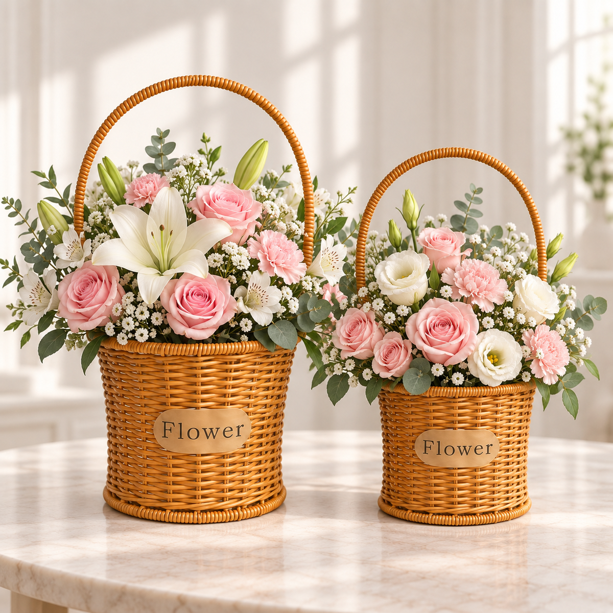 Juego de 2 canastas florales de ratán sintético tipo mimbre con arreglos de flores