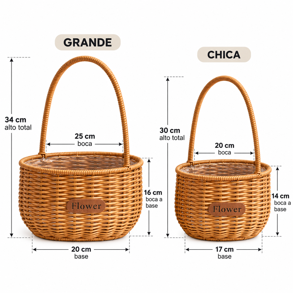 Medidas de canastas florales de ratán sintético: grande de 34 cm de alto y chica de 30 cm de alto