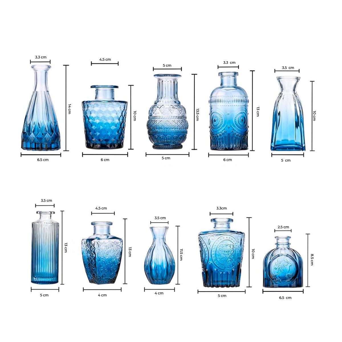 Set de Jarrones de Vidrio Azul Texturizado – Mini Floreros Decorativos para Centros de Mesa