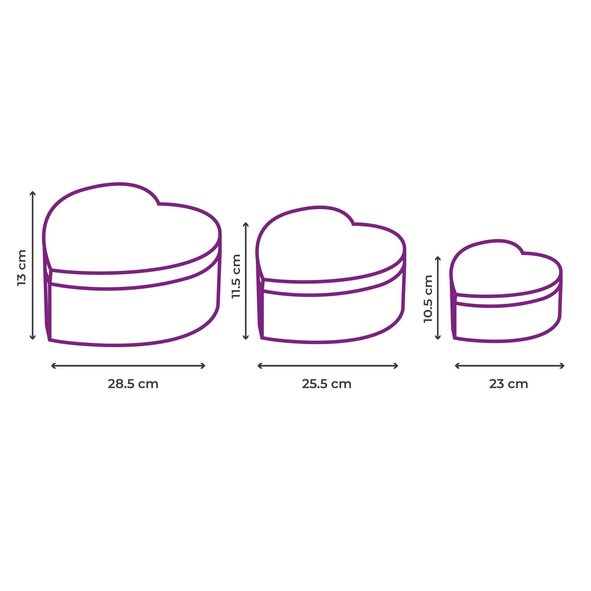 Medidas de Caja en forma de corazón para flores, set de 3 tamaños, disponible en rojo y negro.