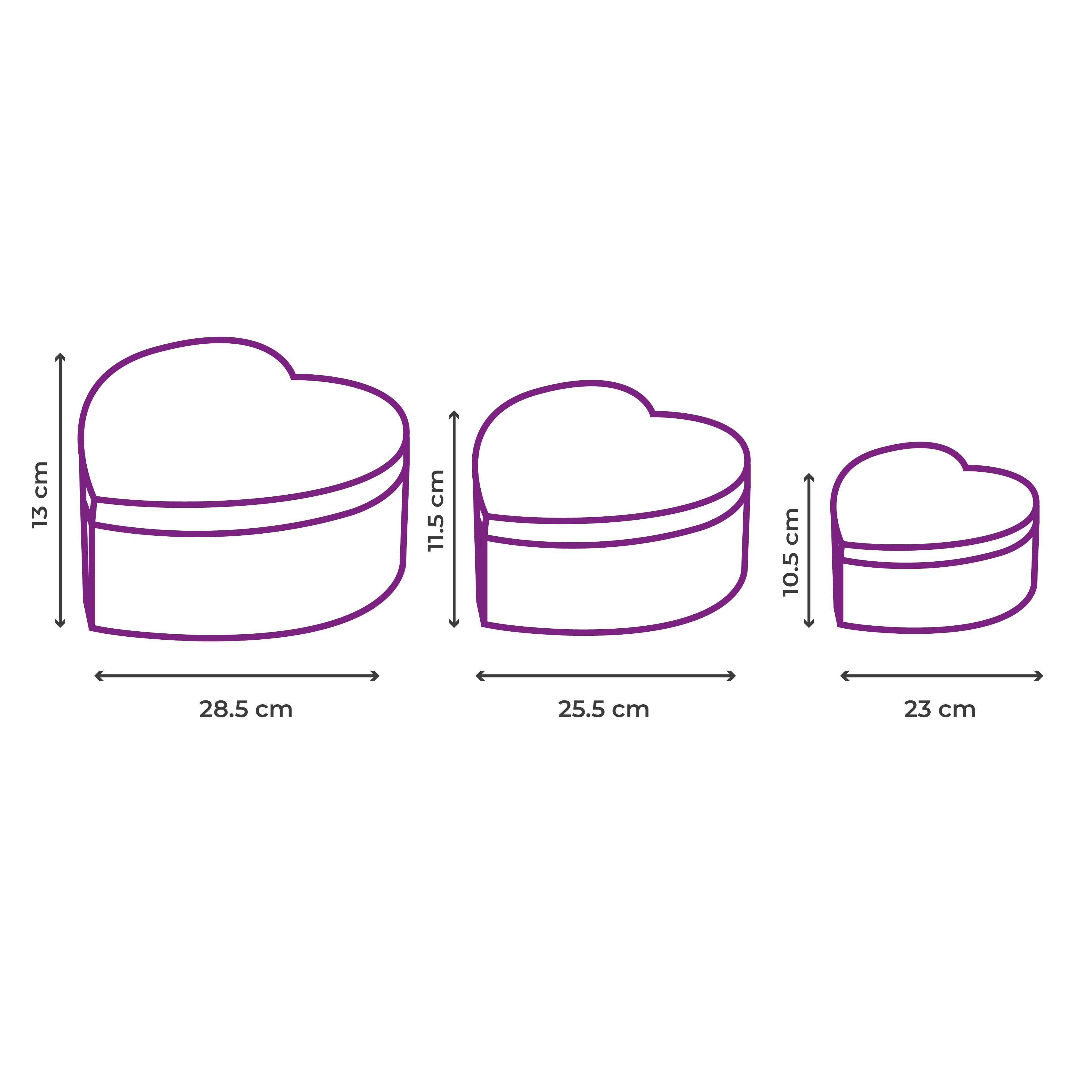 Medidas de Caja en forma de corazón para flores, set de 3 tamaños, disponible en rojo y negro.